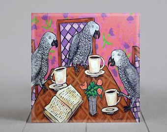 African Grey - coffee themed - birds coaster - ceramic tile - animal decor - parrot - home accents - modern foilk