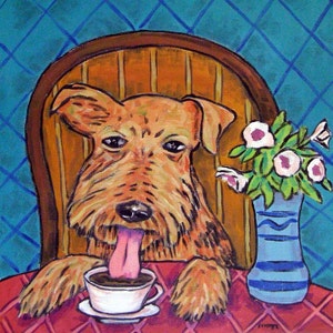 Airedale Terrier at the Coffee Shop Dog Art coaster tile Gift animal decor