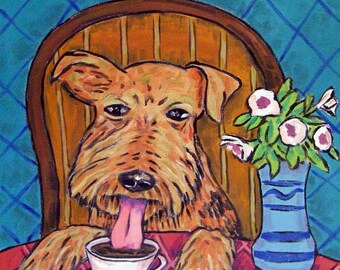 Airedale Terrier at the Coffee Shop Dog Art coaster tile Gift animal decor