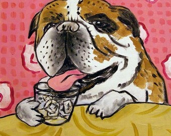 bulldog art - bulldog, modern dog art, tile, coaster, bulldog tile, bulldog print on tile, gift, glass of water,dog, dog art