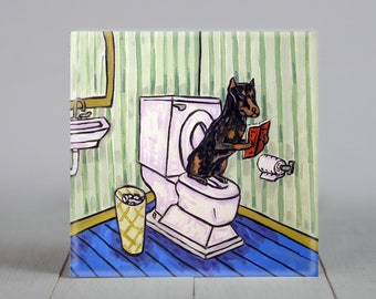 Doberman pincher artwork - coaster tile - bathroom decor - in the bathroom - animal decor - modern folk - do glover gifts - dobe dog art