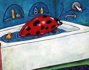 Ladybug Taking a Bath Insect Art coaster tile