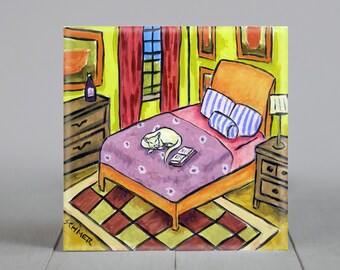 White cat sleeping on bed art tile coaster artwork decor gift- multiple sizes