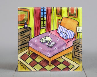 White cat sleeping on bed art tile coaster artwork decor gift- multiple sizes