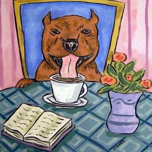 Pit Bull Terrier at the Coffee SHop Dog Art coaster tile