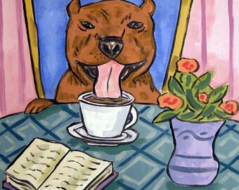 Pit Bull Terrier at the Coffee SHop Dog Art coaster tile