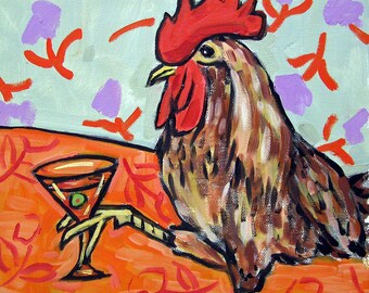 chicken at the martini bar rooster art print on matte or glossy paper - multiple sized home decor