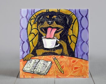 rottweiler at the coffee shop - dog art - tile coaster - gift