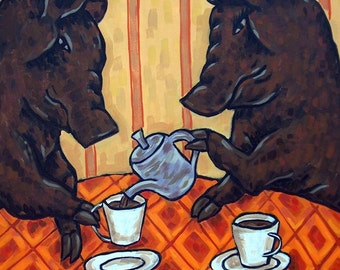 pig at the coffee shop - art - tile coaster - gift - tea room gift