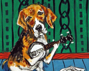 beagle banjo, ,beagle art, beagle print, dog art canvas wall art, animal print decor