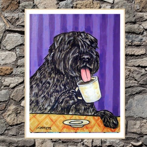 Bouvier Des Flandres bij de Coffee Shop Dog Art Print - uitgerekt canvas of papierprint - meerdere maten beschikbaar