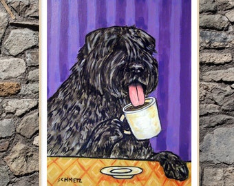 Bouvier Des Flandres at the Coffee Shop Dog Art Print - streched canvas or paper print - multiple sizes available