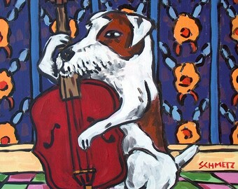 Jack Russell Terrier Playing Stand Up Bass Dog Art coaster tile