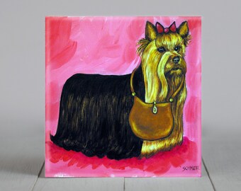 yorkie with a purse yorkshier terrier dog art tile coaster gift - multiple sizes available