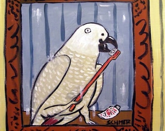 African Grey Parrot Brushing Teeth ( or Beak) Bird art tile coaster