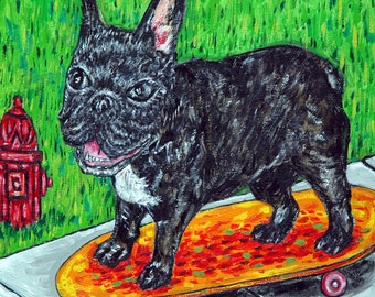 Bulldog skateboarding dog art tile coaster gift