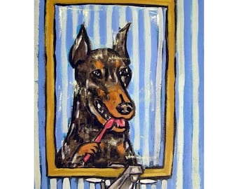 Doberman Brushing Teeth Dog Art PRINT 13x19 dentist  decor - birthday gift for him or her