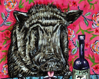 13x19, pig wine, pig art, pig print, wine art print, pig gift, archival pig art, pot belly pig, animal art, animal decor, bar decor