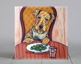 airedale terrier - artwork - dog lover gift - broccoli - decorative square tile - modern folk