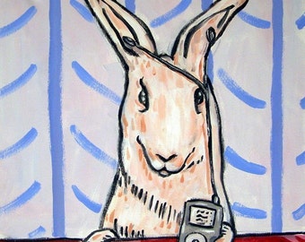 bunny art - Bunny Rabbit Listening to an I-pod art tile coaster - bunny gift