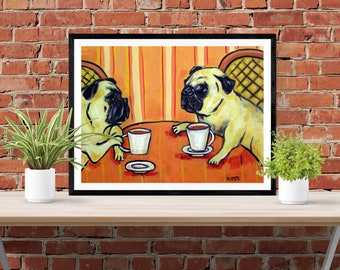pugs at the coffee shop dog art print - stretched canvas print or paper print - multple sizes