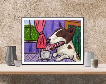 bull terrier at the coffee shop dog art print - stretched canvas or paper print - multple sizes