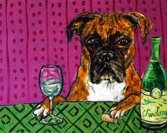 Boxer at the Wine Bar (1) Dog Art Print - 13 x19 - matte or glossy