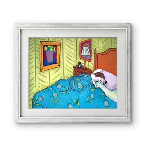 May include: A framed painting depicting a dog sleeping in a bed with a blue floral patterned blanket and a light purple pillow. The bedroom scene includes a wooden headboard, a nightstand with a lamp, and a framed floral artwork on the wall.