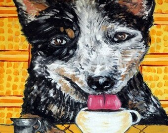 Australian Cattle Dog at the Coffee shop - tile coaster - dog art - animal lover gift