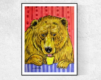 Bear at the coffee shop 13x19 art print - matte or paper print