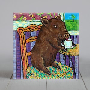 Pot Belly Pig - decorative square coaster - modern folk tile - coffee themed - animal decor - tabletop accent