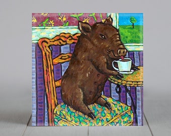 Pot Belly Pig - decorative square coaster - modern folk tile - coffee themed - animal decor - tabletop accent