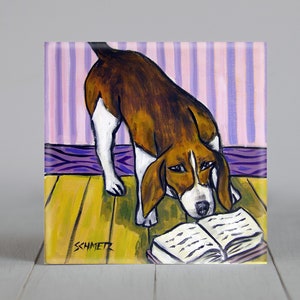 Beagle reading dog art tile coaster gift - multiple sizes