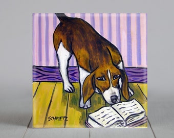 Beagle reading dog art tile coaster gift - multiple sizes
