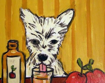 West Highland White terrier Drinking apple Juice Dog art tile coaster