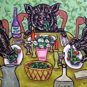 Pigs Eating Art Print  Whimsical Farmhouse Decor  Cute Animal Wall Art