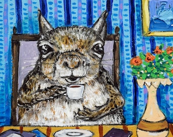 Squirrel at the Cafe Coffee shop ceramic art tile coaster animal home decor gift - multple sizes available