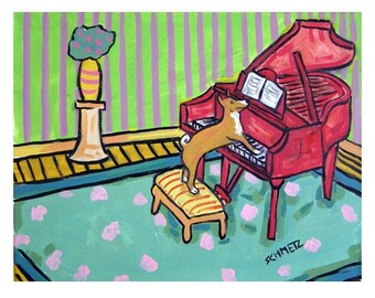 Basenji playing the piano dog art print - 13x19 - glossy or matte paper