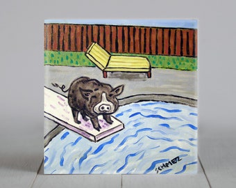 pot belly pig at the pool animal art artwork tile coaster gift