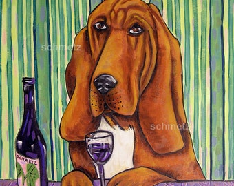 Bloodhound wine dog, dog canvas wall art, animal decor, bloodhound print, dog wall art, dog decor, dog lover gift, wine lover decor, canvas