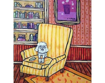 Bichon Frise dog art print - librarian gifts - modern folk art - colorful