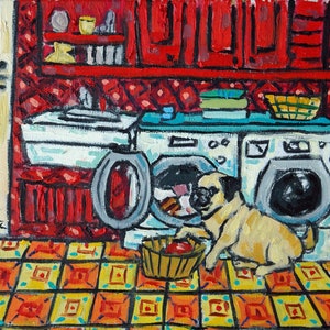 pug doing the laundry dog art print - stretched canvas or paper print - multipel sizes available