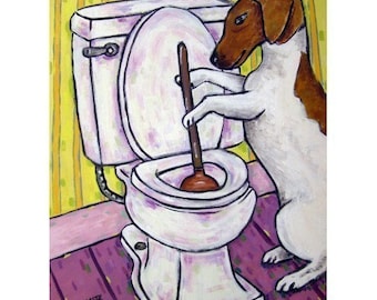 jack russell plunging a toilet 13x19 dog art print - matte or glossy
