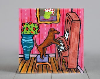 Irish terrier playing piano - dog art - tile coaster - animal lover gift - home decor