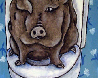 pig in the bathroom animal art print - stretched canvas print - multiple sizes available