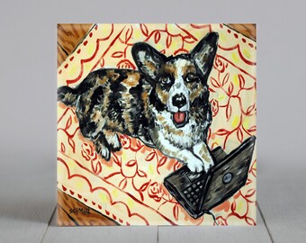 Corgi Laptop Coaster - Ceramic Art Tile Gift