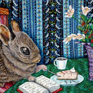 bunny rabbit at the cafe reading animal art print on matte or glossy paper