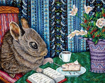 bunny rabbit at the cafe reading animal art canvas print - ready to hang artwork