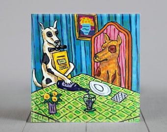 great dane - wine decor - serving wine - animal decor - waiter artwork - home accents - moern folk - square coaster tile - tabletop decor