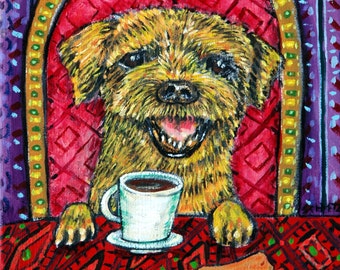 border terrier at the coffee shop - dog art - tile coaster- animal lover gift - kitchen decor